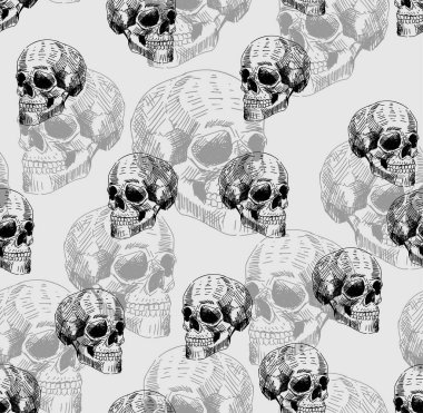 Skull Hand drawing pattern seamless. Skeleton head background. Death texture. Skulls ornament