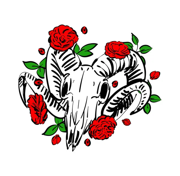 Goat Skull Flower Goat Head Skeleton Rose Hand Drawing Vector — Vetor de Stock