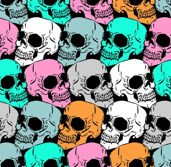 Colored Skull Pattern Seamless Hand Drawing Multicolored Skeleton Head Background — Vetor de Stock