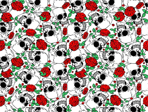 Skull Flower Pattern Seamless Hand Drawing Skeleton Roses Background Flower — стоковый вектор