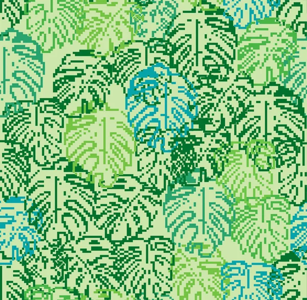 Monstera Pattern Pixel Art Pixelated Palm Leaves Background Bit Tropical — Vettoriale Stock