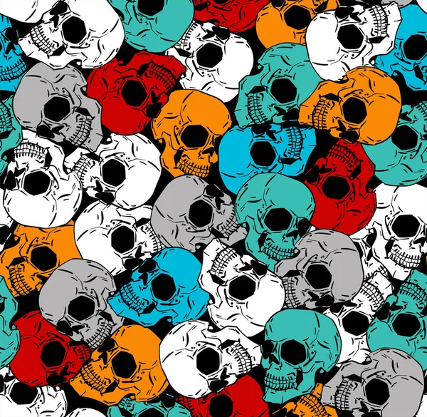 Colored Skull Pattern Seamless Hand Drawing Multicolored Skeleton Head Background —  Vetores de Stock