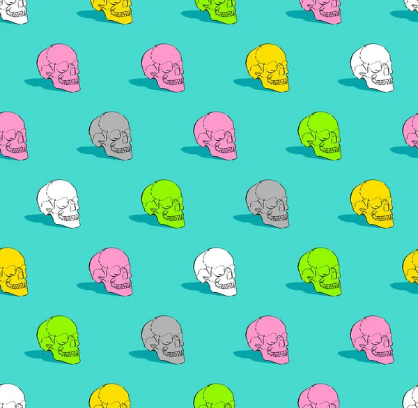 Colored Skull Pattern Seamless Hand Drawing Multicolored Skeleton Head Background — стоковый вектор