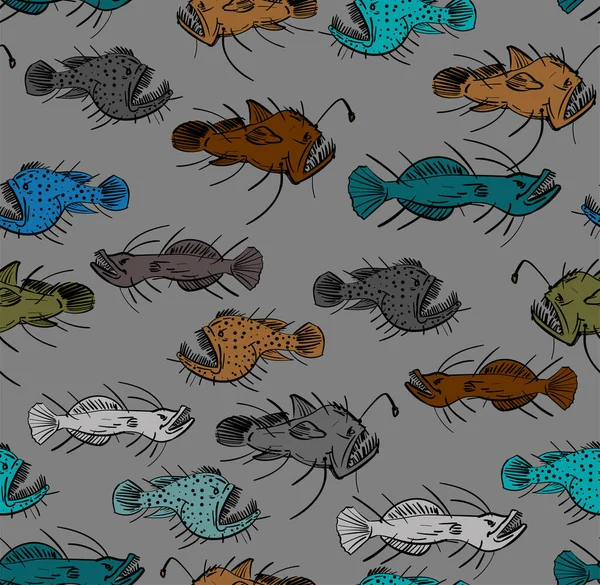 Angler Deep Sea Fish Pattern Seamless Deep Sea Fish Background — Stockový vektor