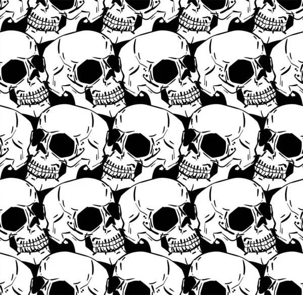 Skull Pattern Seamless Hand Drawing Skeleton Head Background Death Texture —  Vetores de Stock