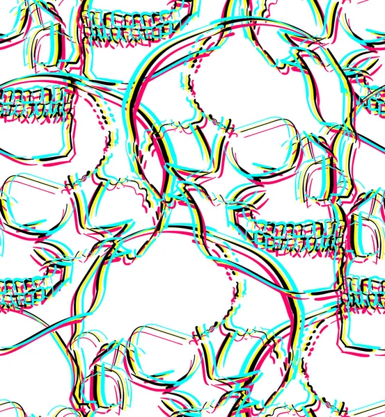 Skull Glitch Pattern Seamless Hand Drawing Skeleton Head Background Death — стоковый вектор