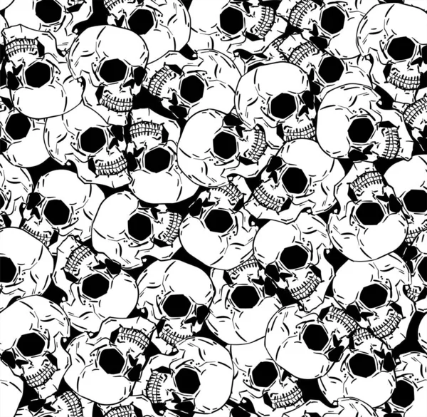 Skull Pattern Seamless Hand Drawing Skeleton Head Background Death Texture — ストックベクタ