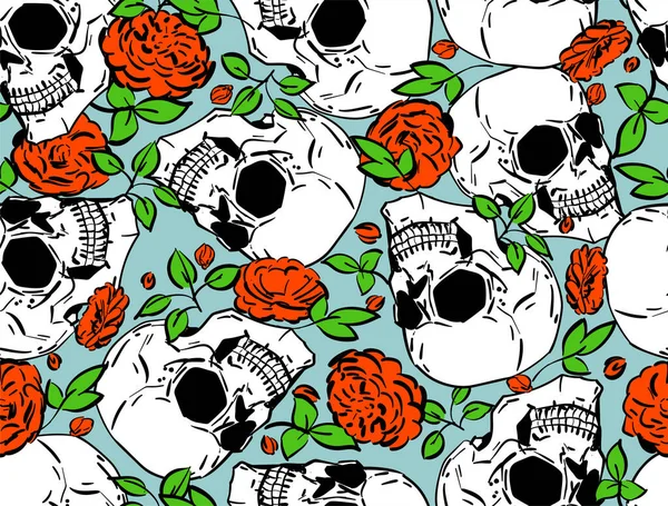 Skull Flower Pattern Seamless Hand Drawing Skeleton Roses Background Flower — Διανυσματικό Αρχείο