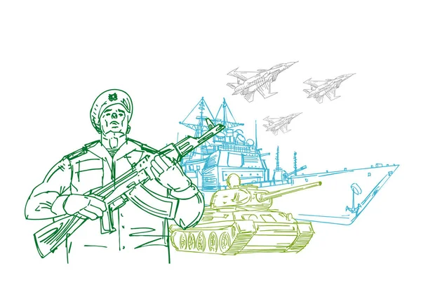 Soldat Chars Avions Dessin Main Février Défenseurs Patrie Carte Postale — Image vectorielle