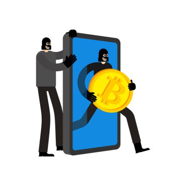 Hırsız çalıntı bitcoin. Suçlu kripto para çaldı. siber suç vektörü illüstrasyonu
