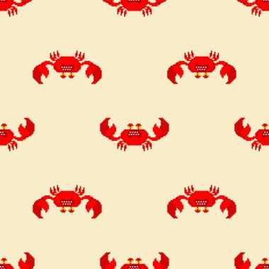 Yengeç pikseli desenleri kusursuz. 8 bitlik deniz kanseri kırmızı arka plan. pixelated Vektör çizimi. Bebek kumaşı dokusu