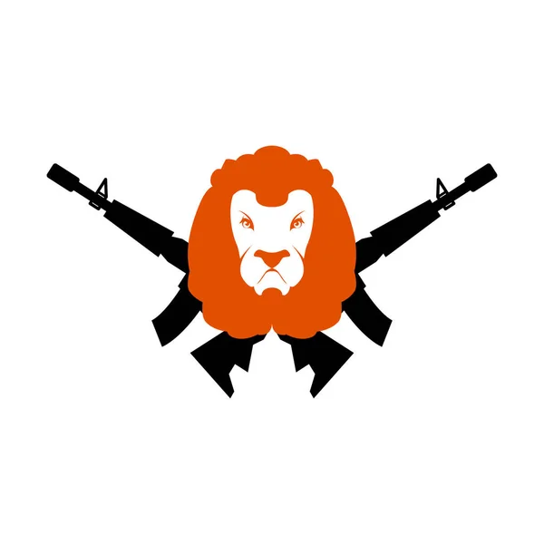 Cabeça Leão Metralhadoras Assina Hunter Besta Focinho Armas Logotipo Hunter — Vetor de Stock