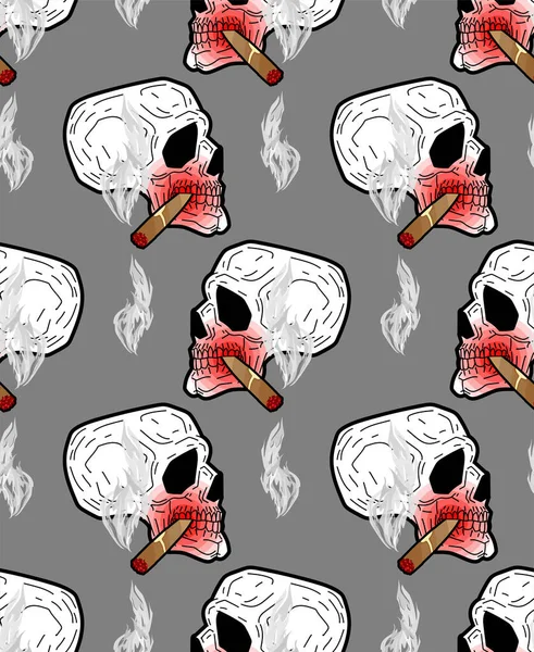 シガーパターンをシームレスに頭蓋骨 スケルトンヘッド喫煙タバコの背景 — ストックベクタ