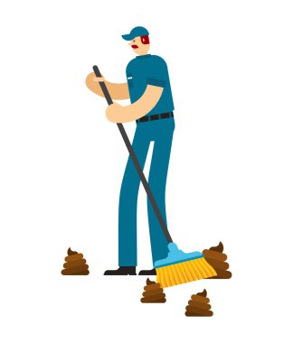 Cleaner with broom cleans shit isolated. janitor Vector illustration