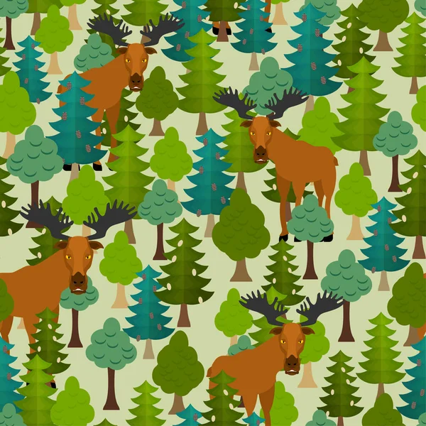 Elk Forest Pattern Seamless Deer Forest Trees Background — Stock Vector