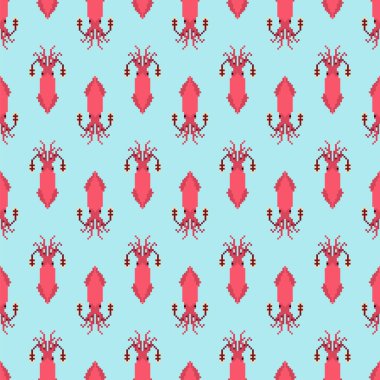 Mürekkep balığı piksel çizimi kusursuz. 8 bitlik kalamar arka planı. pixelated doku