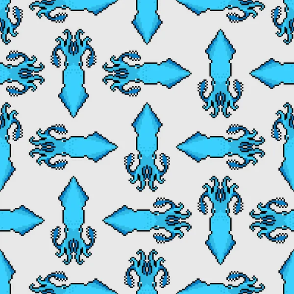 Tintenfisch Pixel Art Muster Nahtlos Bit Kalamarer Hintergrund Verpixelte Textur — Stockvektor