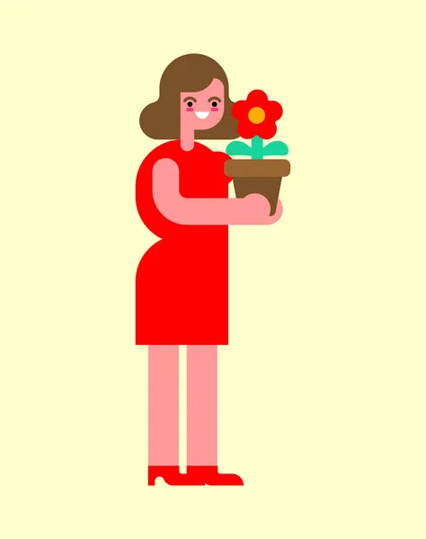 Wanita Ceria Dengan Bunga Dalam Pot Ilustrasi Vektor - Stok Vektor
