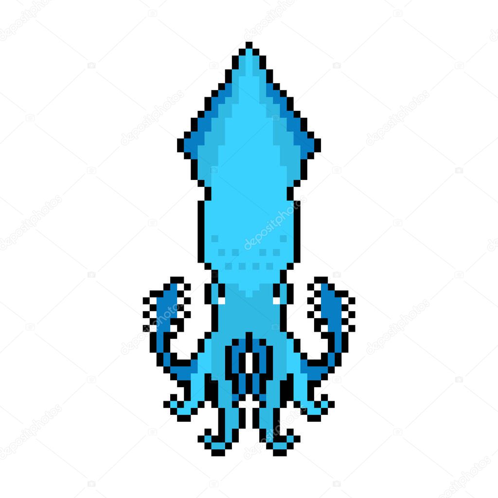 Squid pixel art isolated. 8 bit calamary icon. pixelated illustration