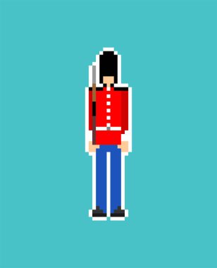 Beefeater İngiliz Kraliyet Muhafızı piksel sanatı. Ayı şapkalı 8 bitlik el bombası. pixelated Vektör illüstrasyonu 