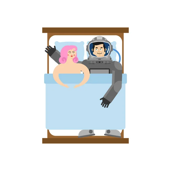 女人和宇航员在床上 和一个宇航员上床与宇航员做爱 — 图库矢量图片