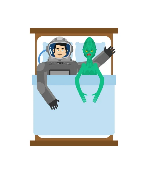 Astronaut Och Utomjordingar Sängen Efter Sex Begreppet Intergalaktisk Sexuell Kommunikation — Stock vektor