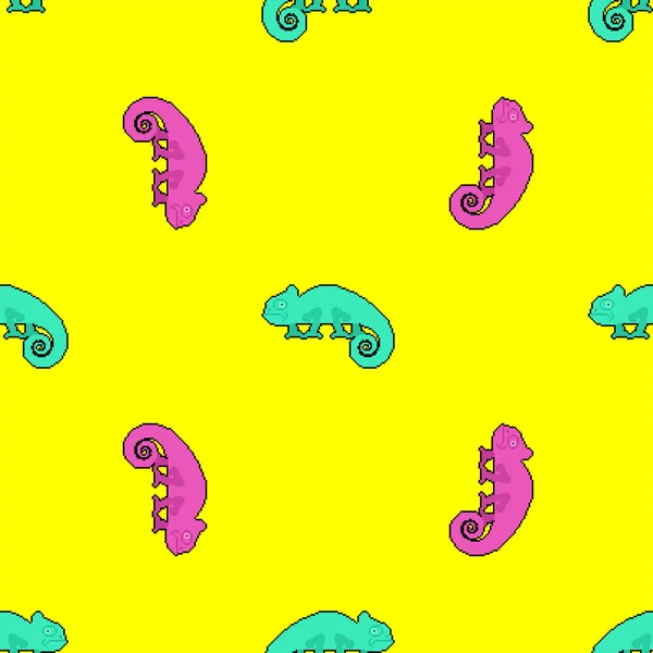 Chameleon Pixel Art Pattern Seamless Bit Cartoon Plaz Pozadí Pixelovaná — Stockový vektor