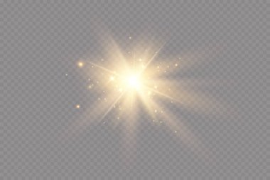 Işık etkisi. Parlak Yıldız. Işık şeffaf bir arkaplanda patlar. Parlak güneş.