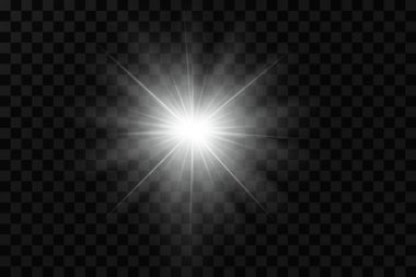 Işık etkisi. Parlak Yıldız. Işık şeffaf bir arkaplanda patlar. Parlak güneş.