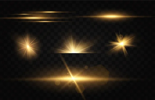 Estrellas Doradas Brillantes Aisladas Sobre Fondo Negro Efectos Deslumbramiento Líneas —  Fotos de Stock