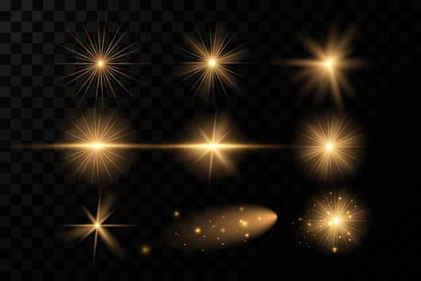 Estrellas Doradas Brillantes Aisladas Sobre Fondo Negro Efectos Deslumbramiento Líneas —  Fotos de Stock