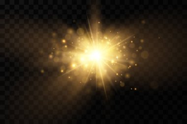 Parlayan altın yıldızlar. Işık efektleri, parıltı, parıltı, patlama, altın ışık. Vektör illüstrasyonu.