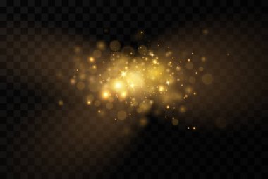 Noel ışığı etkisi. Parıldayan sihirli toz parçacıkları. Toz kıvılcımları ve altın yıldızlar özel ışıkla parlıyor..