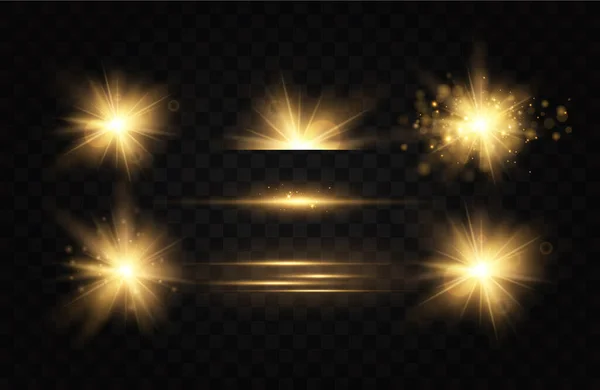 Shining golden stars. Light effects, glare, glitter, explosion, golden light. Vector illustration.