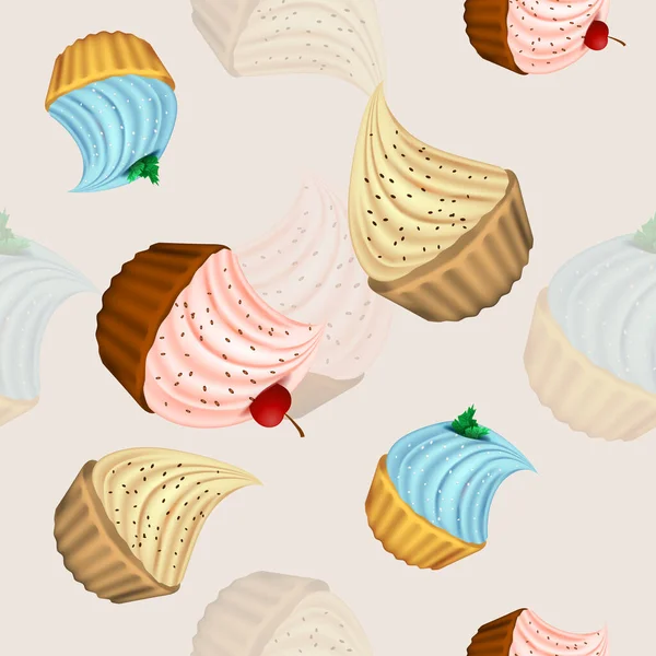 Sweet cupcakes with a cream cap on top. Festive and tasty postcard. — Vetor de Stock