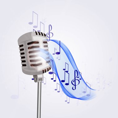 Şarkı söyleme, müzik, karaoke ve sesin vektör konsepti. Retro mikrofon ve yıldızlar. Sahnede performans.