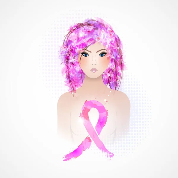 Gadis Vektor Cantik Dengan Pita Merah Muda Bulan Kesadaran Kanker - Stok Vektor