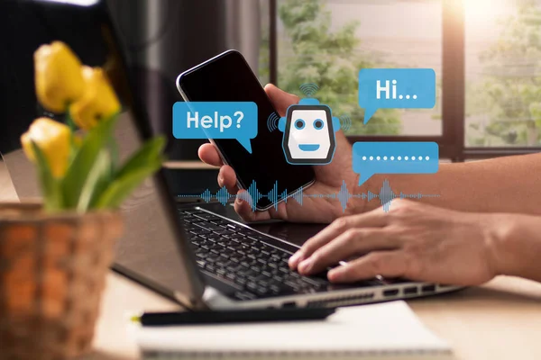 Ręcznie Dotykający Cyfrowy Chatbot Internetowych Informacji Sieciowych Dostępu Danych Aplikacji — Zdjęcie stockowe