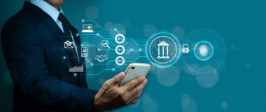 Bir işadamı kişisel mali bilgilere ulaşmak için parmak izi tanımlamasını kullanır. E-kyc (müşterinizi elektronik olarak tanıma) konsepti, biyometrik güvenlik, dijital siber suç yenilik teknolojisi