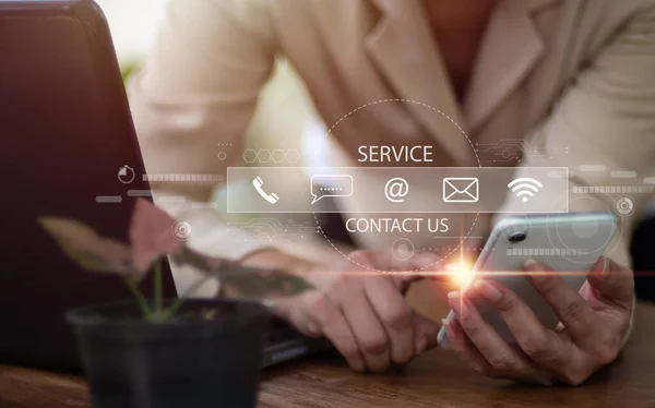 Businesswoman Gestures Operator Sign Which Incorporates Sales Service Indicators Communication — Stockfoto