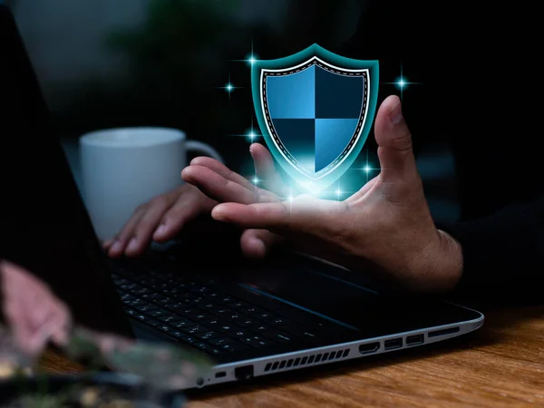 Businessman Holding Shield Protect Symbol Which Might Internet Firewall Insurance — Stockfoto