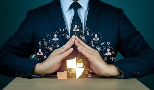 Businessman Uses Technology Guarantee Security New Big Data Business Process — Stockfoto