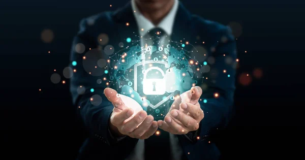 Dataskydd Och Cybersäkerhet Affärsman Använder Virtuell Nätverksanslutning För Att Säkra — Stockfoto