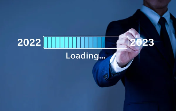 Businessman Taps Virtual Download Bar Loading Progress Meter New Year — Stock Photo, Image