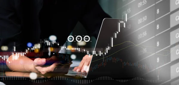 The notion of business financing and investment. Backdrop of a businesswoman working on a laptop computer, a financial graph, an economic growth chart, and a financial technology background