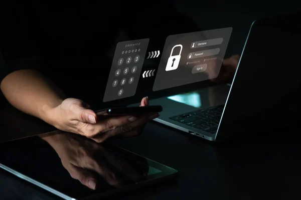 Woman Mobile Phone Laptop Computer Has Safe Account Hacking Phishing — Stockfoto