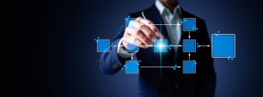 Bir adamın sol eli bir telefon tutarken, sağ eli bir kalem tutuyor, ve gücü şirketin işlemleri ve iş akışlarını otomatikleştirmek için kullanılan üç boyutlu bir monitörü işaret ediyor..