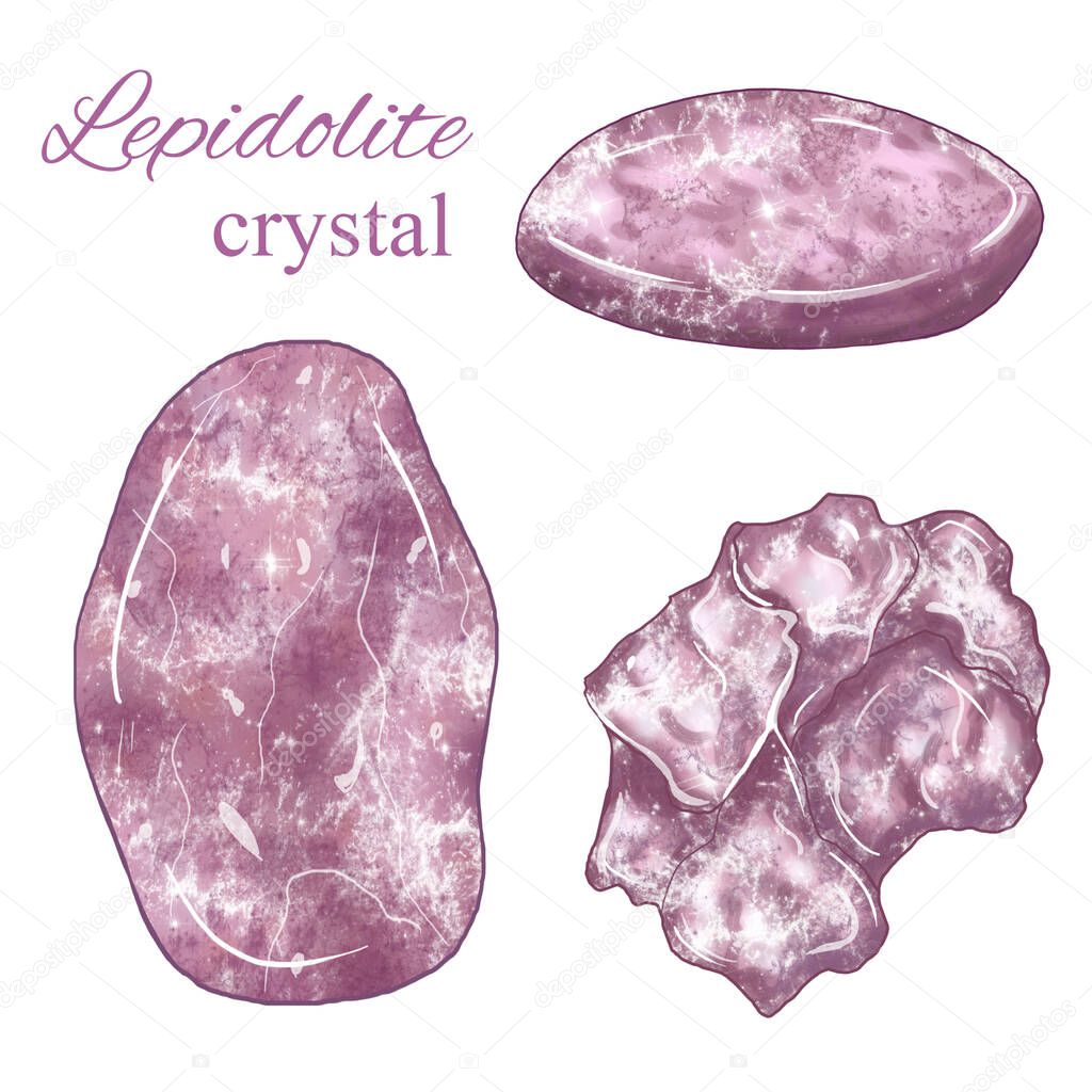 Lepidolite crystal set, lilac witch and wiccan stones, magic stone, third eye chakra crystal, meditation stone, transition, peace, libra birthstone illustration
