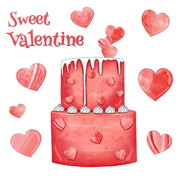 丰富的粉色情人节蛋糕 带有心形装饰的草莓蛋糕 婚礼浪漫甜点 咖啡馆和面包店广告或标志设计元素 — 图库照片#