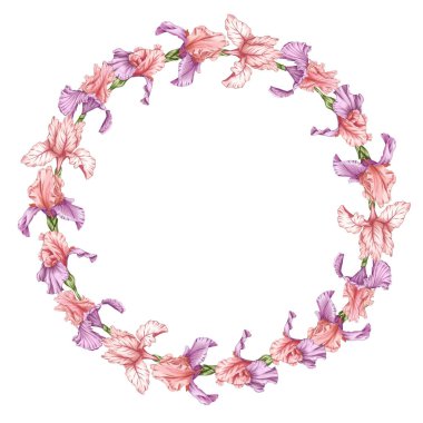 Narin pembe leylak çiçekli çelenk, sevimli sofistike süsen çiçekleri, yaz düğün çelengi, doğum günü kartı diy çelengi, sevimli çiçek desenleri.